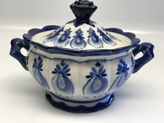 RUS CARLIK DÖNEMİ PORSELEN MAVİ BEYAZ KAPAKLI KASE RUSSİAN  BLUE WHİTE