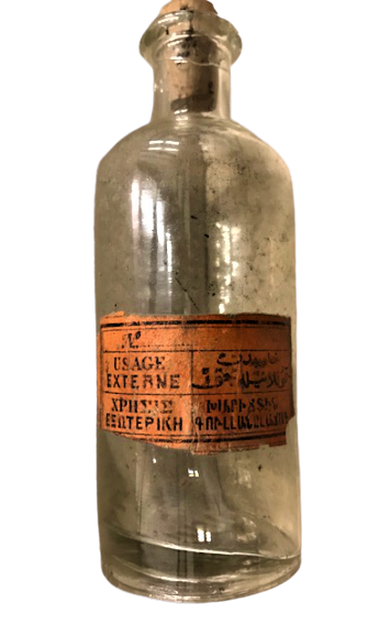 OSMANLI ŞİŞE 4 DİLDE YAZILMIŞ ETİKETLİ CAM MANTAR KAPAKLI İLAC ŞİŞESİ 100 CC 