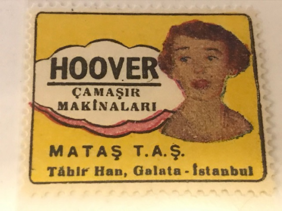 HOOVER VİNYET REKLAM PULU HOOVER CAMAŞIR MAKİNALARİ  MATAŞ T.A.Ş TAHİR HAN GALATA İSTANBUL 30.36 mm ÖLCÜLERİNDE