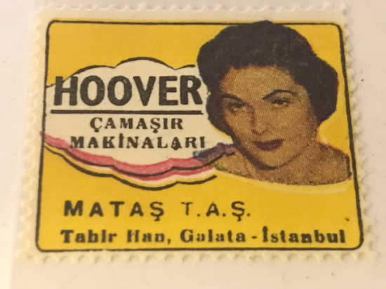 HOOVER VİNYET REKLAM PULU HOOVER CAMAŞIR MAKİNALARİ  MATAŞ T.A.Ş TAHİR HAN GALATA İSTANBUL 30.36 mm ÖLCÜLERİNDE