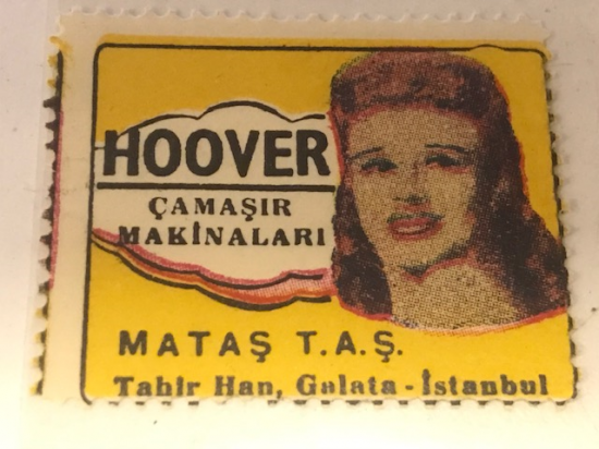 HOOVER VİNYET REKLAM PULU HOOVER CAMAŞIR MAKİNALARİ  MATAŞ T.A.Ş TAHİR HAN GALATA İSTANBUL 30.36 mm ÖLCÜLERİNDE