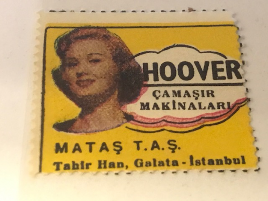 HOOVER VİNYET REKLAM PULU HOOVER CAMAŞIR MAKİNELERİ  MATAŞ T.A.Ş TAHİR HAN GALATA İSTANBUL 30.36 mm ÖLCÜLERİNDE