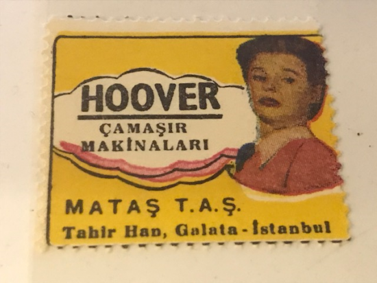 HOOVER VİNYET REKLAM PULU HOOVER CAMAŞIR MAKİNELERİ  MATAŞ T.A.Ş TAHİR HAN GALATA İSTANBUL 30.36 mm ÖLCÜLERİNDE