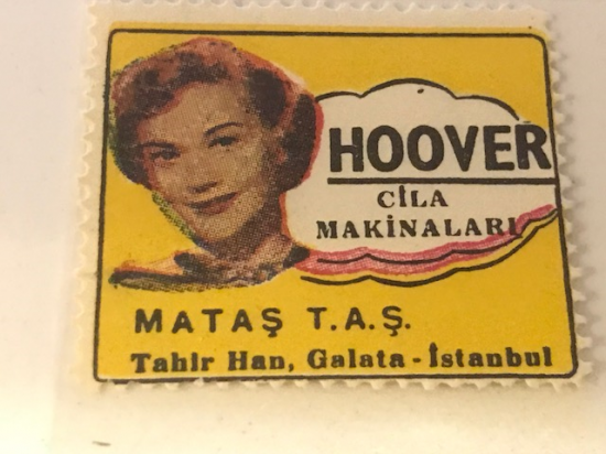 HOOVER VİNYET REKLAM PULU HOOVER CİLA MAKİNALARİ  MATAŞ T.A.Ş TAHİR HAN GALATA İSTANBUL 30.36 mm ÖLCÜLERİNDE