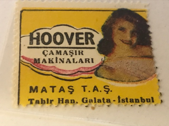HOOVER VİNYET REKLAM PULU HOOVER CAMAŞIR MAKİNELERİ MATAŞ T.A.Ş TAHİR HAN GALATA İSTANBUL 30.36 mm ÖLCÜLERİNDE