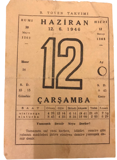 1946 SENESİNİN 12 HAZİRAN CARŞAMBA GÜNÜNE AİT B.TOVEN  TAKVİMİ YAPRAGI