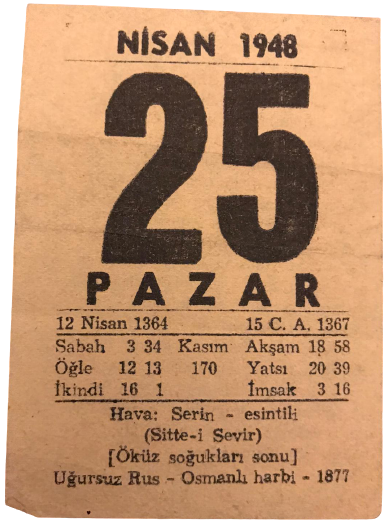 1948 SENESİNİN 25 NİSAN PAZAR GÜNÜNE AİT TAKVİM YAPRAGI