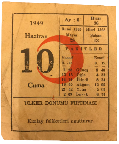 1949 SENESİNİN 10 HAZİRAN  CUMA GÜNÜNE AİT KIZILAY TAKVİM YAPRAGI