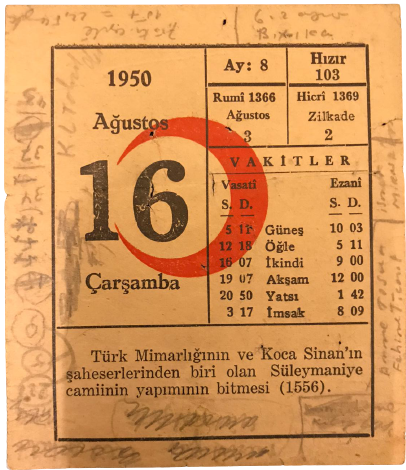 1950 SENESİNİN 16 AGUSTOS CARŞAMBA GÜNÜNE AİT KIZILAY TAKVİM YAPRAGI