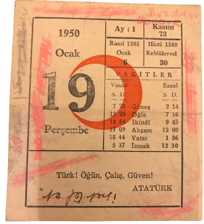 1950 SENESİNİN 19 OCAK PERŞEMBE GÜNÜNE AİT KIZILAY TAKVİM YAPRAGI