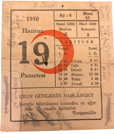 1950 SENESİNİN 19 HAZİRAN  PAZARTESİ GÜNÜNE AİT KIZILAY TAKVİM YAPRAGI