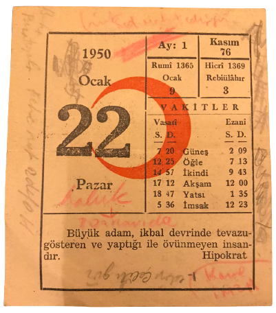 1950 SENESİNİN 22 OCAK PAZAR GÜNÜNE AİT KIZILAY TAKVİM YAPRAGI