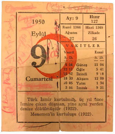 1950 SENESİNİN 9 EYLUL  CUMARTESİ GÜNÜNE AİT KIZILAY TAKVİM YAPRAGI