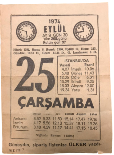 1974 SENESİNİN 25 EYLUL CARŞAMBA GÜNÜNE AİT SÖNMEZ TAKVİMİ YAPRAGI