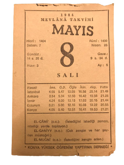 1984 SENESİNİN 8 MAYIS SALI GÜNÜNE AİT MEVLANA TAKVİM YAPRAGI