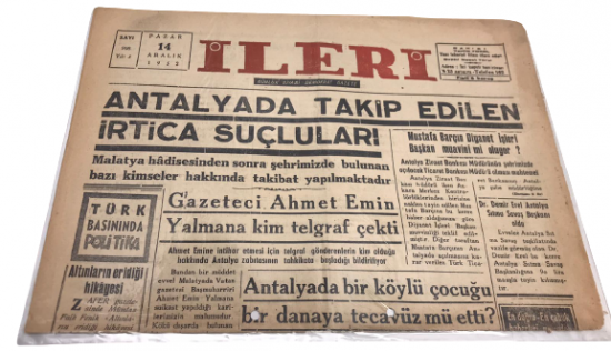 İLERİ GÜNLÜK SİYASİ DEMOKRAT GAZETE 14 ARALIK  PAZAR 1952  ANTALYA İLERİ GAZETESİ SATIŞ FİYATI 5 KURUŞTUR