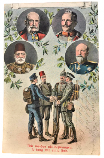 BİRİNCİ DUNYA SAVAŞI DÖRTLÜ İTTİFAK KARTPOSTAL ARKASI YAZILI POSTADAN GECMİŞ VİNYETLİ