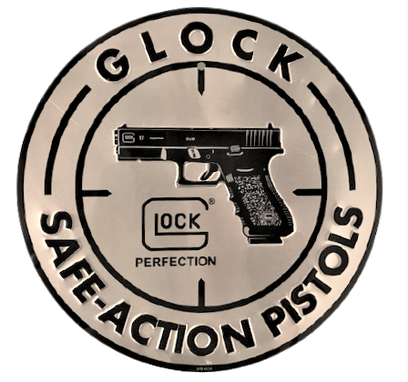 GLOCK SAFE ACTION PISTOLS LOCK PERFECTION DAİRESEL ALİMÜNYUM KABARTMA YAZILI TABELA LİSANSLI ÜRÜNDÜR