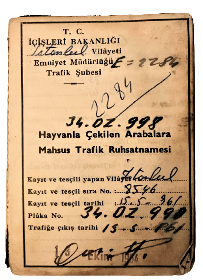 HAYVANLA CEKİLEN ARABALARA MAHSUS TRAFİK RUHSATNAMESİ 34 DZ 998 PLAKALI 1961 TARİHLİ AT ARABASI RUHSATI