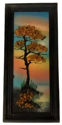 DURALİT ÜZERİNE  DAMLA  KUM AMBER KEHRİBAR LARLA YAPILMA GÖL VE AGAC MANZARASI 