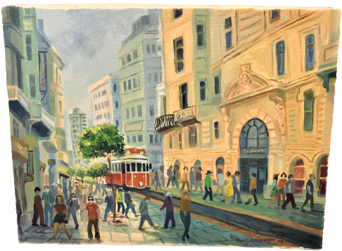 TURK RESSAM YAVUZ SARACOĞLU 2009 İMZALI TUAL ÜZERİ YAGLIBOYA BEYOGLU İSTİKLAL CADDESİ  TRAMVAY CALIŞMASI