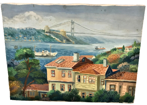 TURK RESSAM YAVUZ SARACOĞLU 2009 İMZALI TUAL ÜZERİ YAGLIBOYA BOGAZ MANZARASI CALIŞMASI