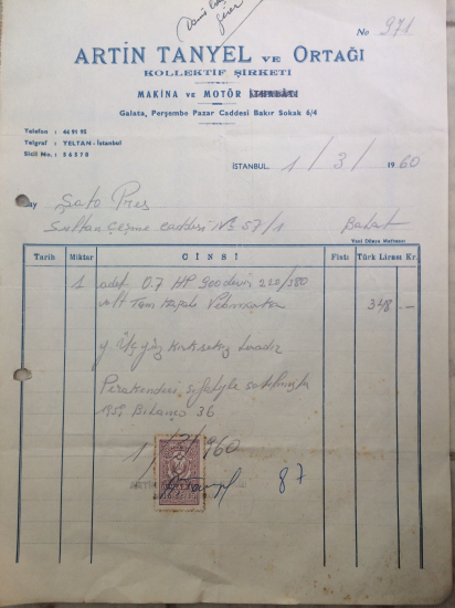 1960 İSTANBUL ARTİN TANYEL VE ORTAĞI KOLLEKTİF ŞİRKETİ FİRMASINDAN KESİLMİŞ 348 TÜRK LİRALIK FATURA 