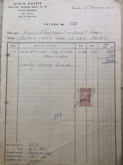 1960 İSTANBUL AYDIN HASEFE FİRMASI TARAFINDAN KESİLMİŞ 6000 LİRALIK FATURA 