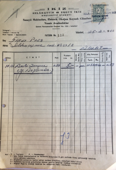 1960 İKİZ SELAHATTİN VE ERGÜN İKİZ KOLLEKTİF ŞİRKETİ TARAFINDAN KESİLMİŞ FATURA 