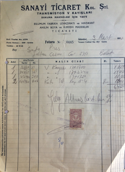 1960 SANAYİ TİCARET KOL.ŞTİ.TRANSMİSYON V KAYIŞLARI TARAFINDAN KESİLMİŞ FATURA 