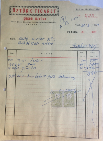 1978 ÖZTÜRK TİCARET ŞÜKRÜ ÖZTÜRK TARAFINDAN KESİLMİŞ FATURA 