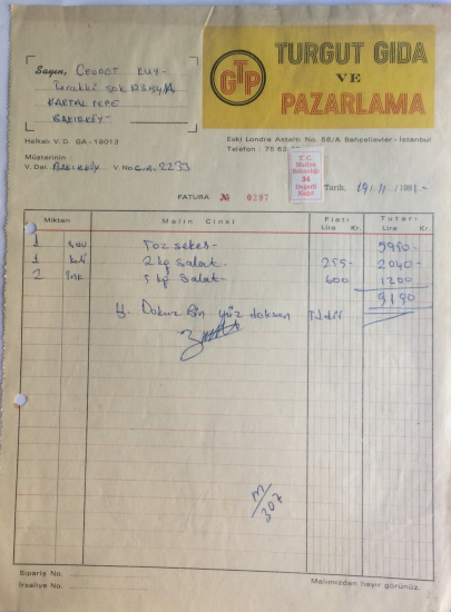 1981 TURGUT GIDA VE PAZARLAMA TARAFINDAN  NO : 0297  KESİLMİŞ FATURA 