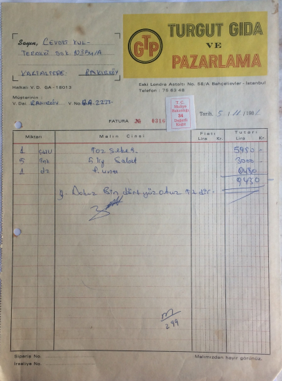 1981 TURGUT GIDA VE PAZARLAMA TARAFINDAN  NO : 0316  KESİLMİŞ FATURA 