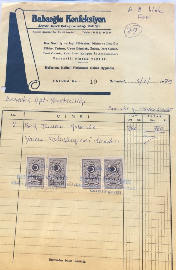 1979 BABAOĞLU KONFEKSİYON TARAFINDAN KESİLMİŞ FATURA 