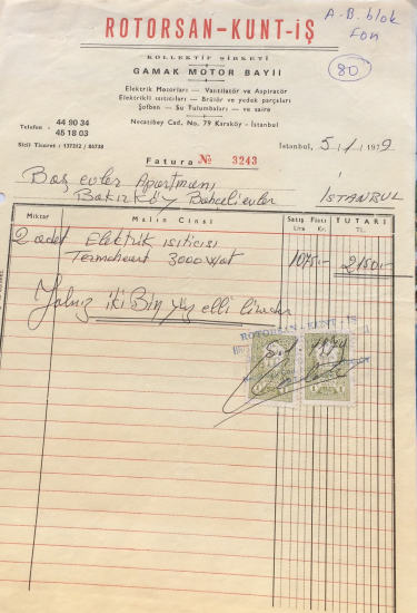 1979 ROTORSAN -KUNT-İŞ KOLLEKTİF ŞİRKETİ TARAFINDAN KESİLMİŞ FATURA 