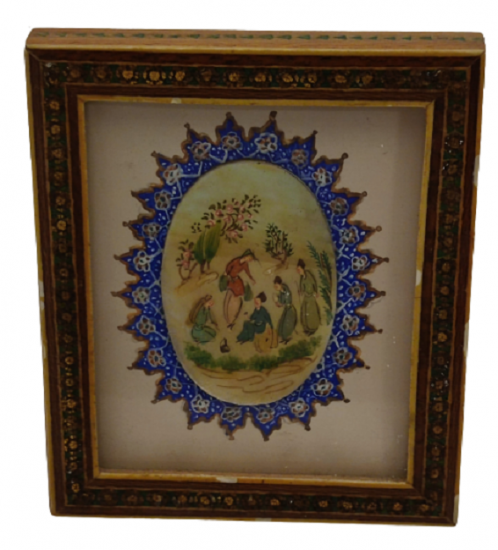 EL BOYAMA CİZİM OVAL KESİM SEDEF ÜZERİNE MİNYATÜR CALIŞMASI AHŞAP EL İŞLEME CERCEVESİNDE 1970