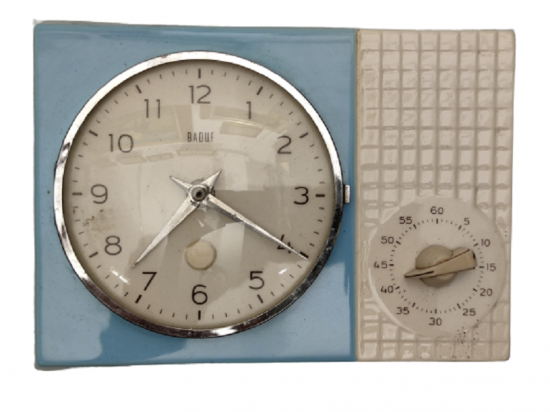 1960 ALMAN BADUF MARKA PORSELEN DİKDORTGEN FORMDA MAVİ BEYAZ MUTFAK DUVAR SAATİ