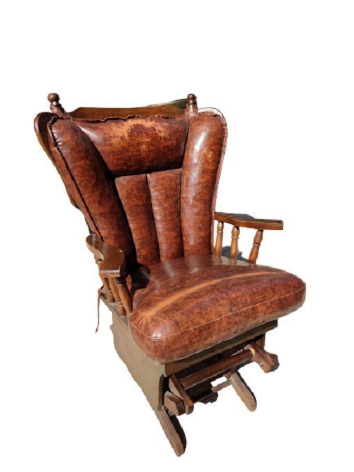 AHŞAP MASİF KOYU CEVİZ RENKDE SALLANAN KOLTUK KAHVERENGİ DERİ DÖŞEMELİ 