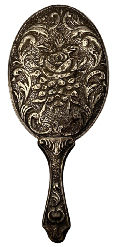 900 AYAR DAMGALI GÜMÜŞ  ÜZERİ CİCEK İŞLEMELİ MAKYAJ EL  AYNASI