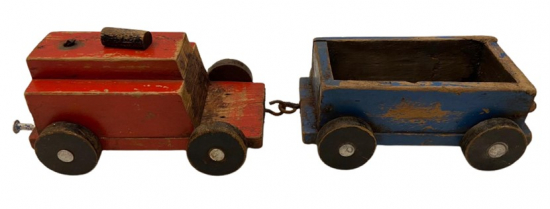 1950 EL YAPIMI AHŞAP OYUNCAK LOKOMATİF VE TEK YÜK VAGONLU TREN