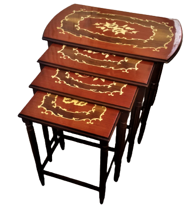 1970 CEVİZ AYAKLAR MASİF ÜZERİ MARKUTERİ EL İŞCİLİKLİ  CİCEK DESEN  İŞCİLİKLİ  DÖRTLÜ İÇ İÇE GECME ZİGON SEHBA