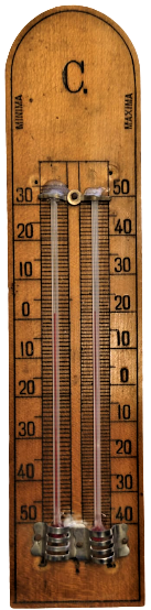 1950 MINIMA MAXIMA AHŞAP MASIF TERMOMETRE CİFT KIRMIZI CIVA CUBUKLU ODA İÇİ DERECE 