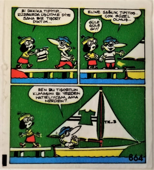  TİPİTİP SAKIZ VE CİKLET İÇERSİNDEN CIKAN YAĞLI KAGIT TÜRÜNDE RENKLİ TİFDRUK BASKI İLE KONULU MİZANSEN KARİKATÜR 