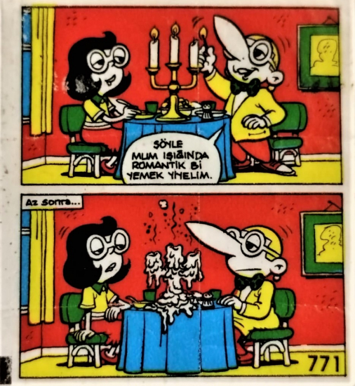  TİPİTİP SAKIZ VE CİKLET İÇERSİNDEN CIKAN YAĞLI KAGIT TÜRÜNDE RENKLİ TİFDRUK BASKI İLE KONULU MİZANSEN KARİKATÜR 