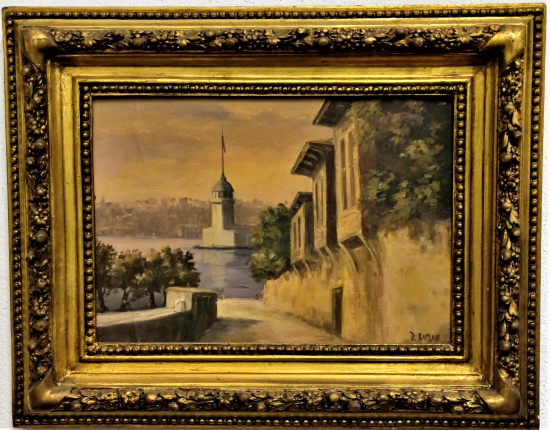 RECEP KAPLAN İMZALI VARAK CERCEVESİNDE KIZ KÜLESİ TUAL ÜZERİNE YAGLI BOYA TABLO