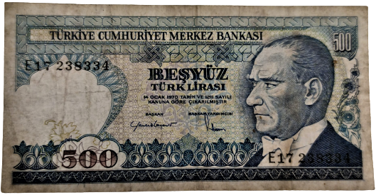 KAĞIT PARA 500 TÜRK LİRASI E 17  238334 SERİ NUMARALI 7. EMİSYON 