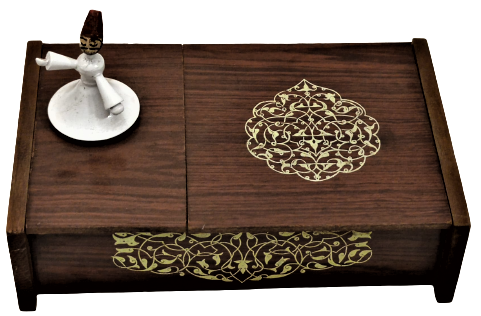 1960 KONYA MEVLANA DÖNEN SEMAZEN MEVLANA PEŞREVİ CALAN LATERNALI  AHŞAP KAPAKLI SIGARALIK 