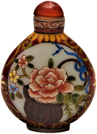  OPALİN ÜZERİ EL İŞLEME HER TARAFI  MİNELİ ÜZERİ  KOMPLE RESİM CERCEVEDE GÜL VAZODA GÜL TEMALI KAPAKLI PARFUM ŞİŞESİ