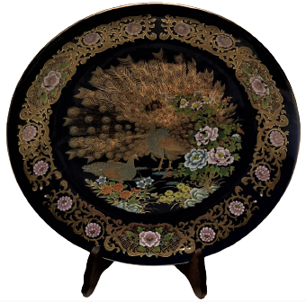 1950 KOBALT PORSELEN JAPAN TAMAMI  EL CİZİM ALTIN TAVUS KUŞU GÖRSELLİ 