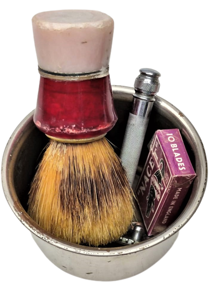 1950 TRAŞ TAKIMI TAS JILET FIRCA MAKINE ZAZA TAS NACET ACILMAMIŞ PAKET JİLET AT KILI FIRCA ENGLAN MAKİNE 4 PARCA